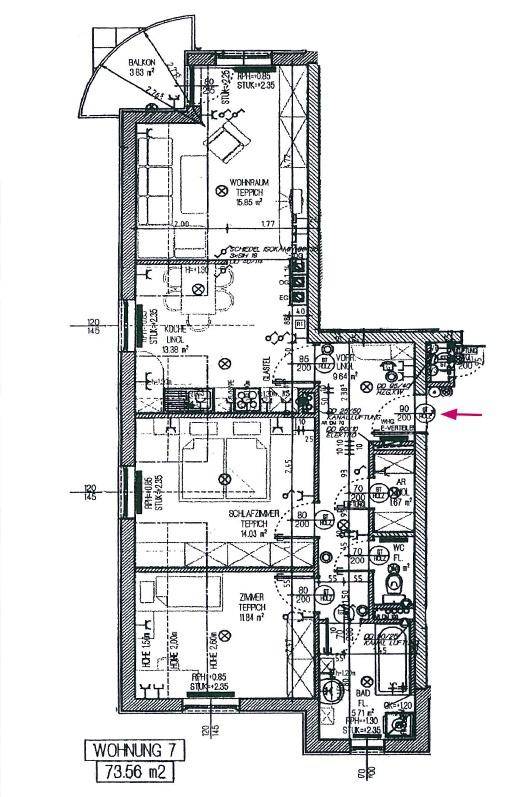 Grundriss der Wohnung 7 mit 73,56 m² und Balkon.