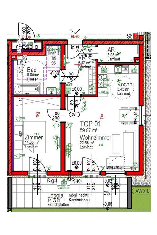Grundriss der Wohnung TOP 01 mit Wohnzimmer, Schlafzimmer, Bad und Loggia.