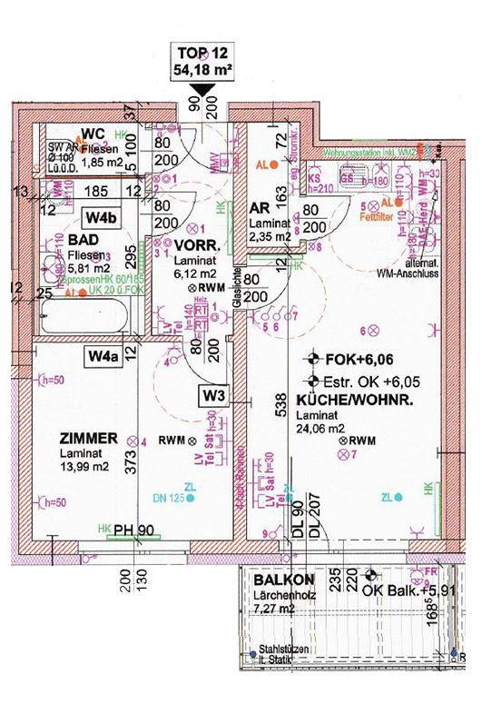 Grundriss einer Wohnung mit 54,18 m² Wohnfläche, Balkon und separatem WC.