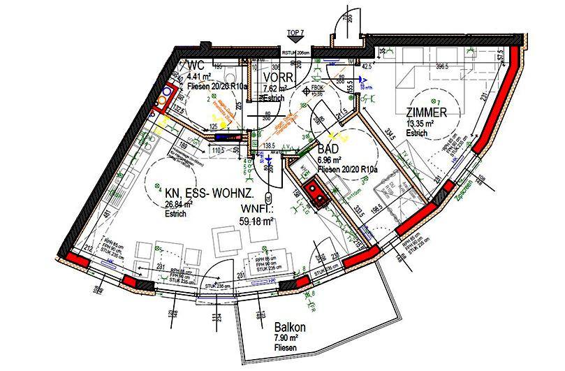 Detaillierter Grundriss einer Wohnung mit offenem Wohnbereich, Schlafzimmer und Balkon.