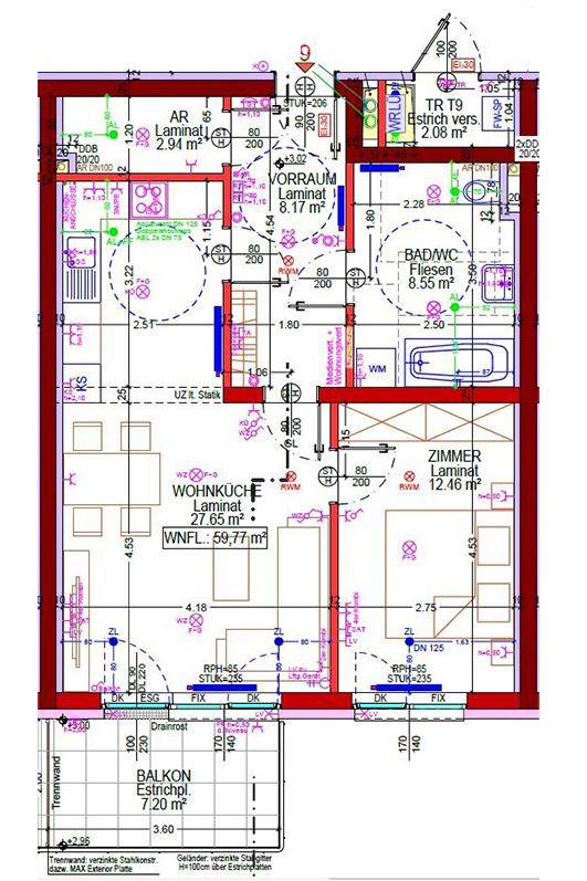 Detaillierter Grundriss einer Wohnung mit Wohnküche, Schlafzimmer, Bad und Balkon.