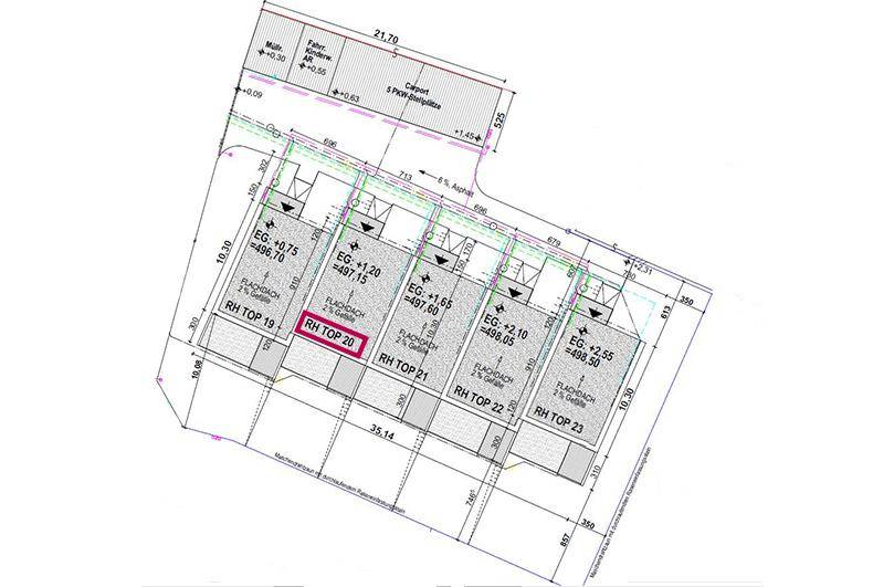 Übersichtsplan der Reihenhäuser mit Grundstücksgrenzen und Carport-Bereich.