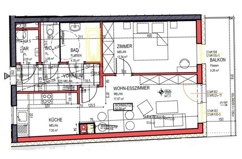 Grundriss einer Wohnung mit Wohn-Esszimmer, Schlafzimmer, Küche und Balkon.
