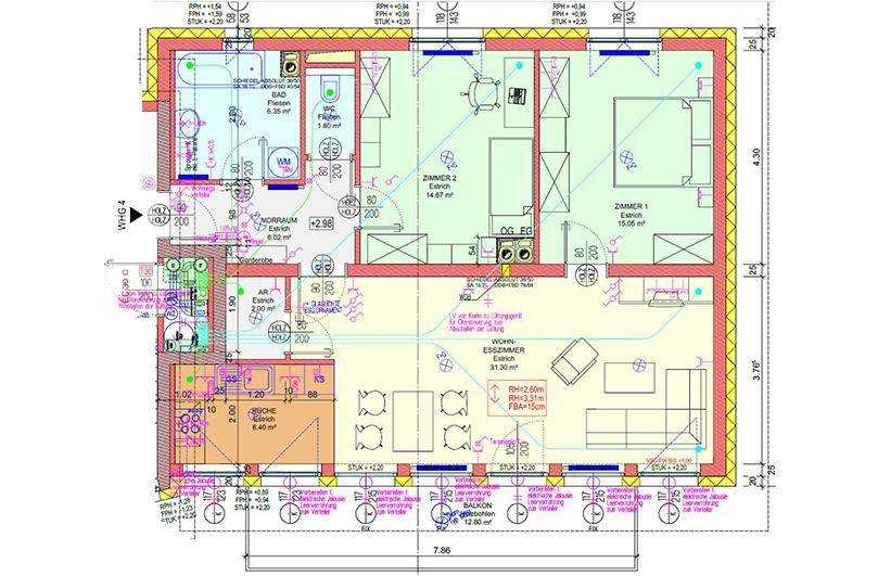 Grundriss einer Wohnung mit zwei Schlafzimmern, offenem Wohnbereich, Bad, separatem WC und Balkon.