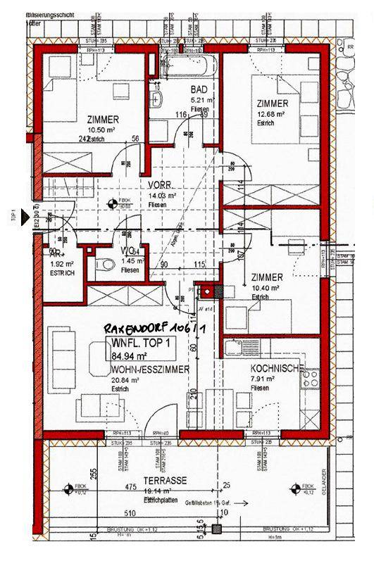 Grundriss einer Wohnung mit drei Zimmern, Wohn-Esszimmer, Kochnische und Terrasse.