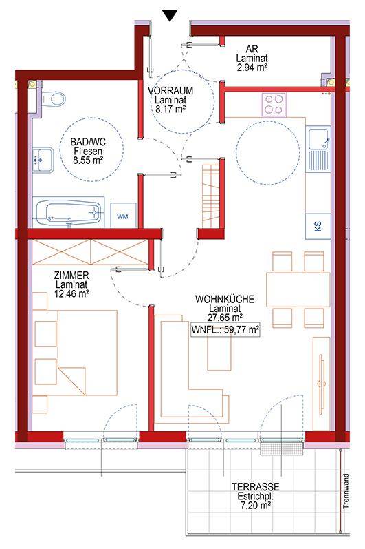 Grundriss einer Wohnung mit Wohnküche, Schlafzimmer, Bad und Terrasse.