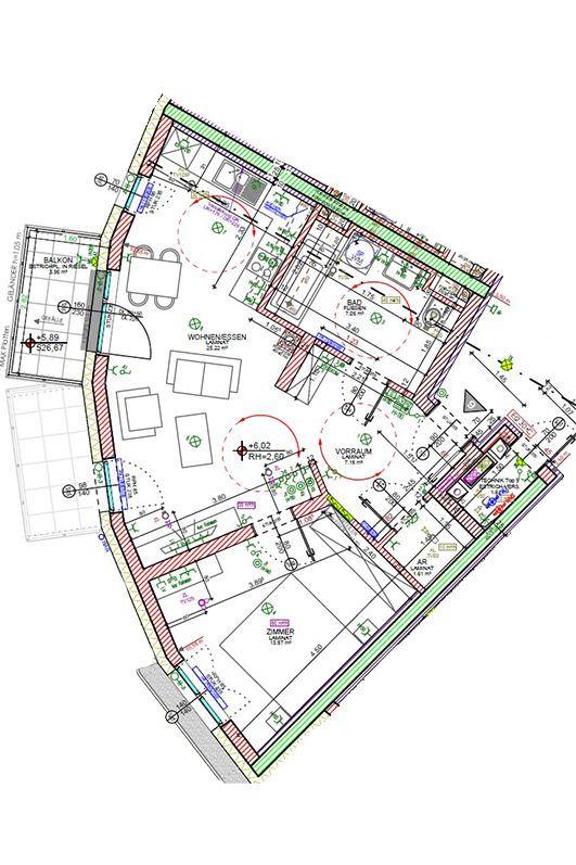Detaillierter Grundriss einer Wohnung mit Balkon, Wohnbereich und mehreren Zimmern.