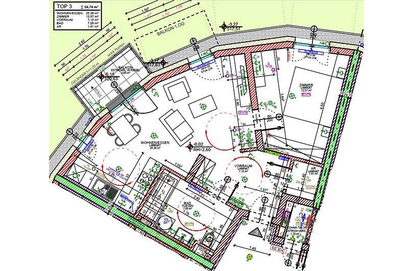 Detaillierter Grundriss einer Wohnung mit offenem Wohnbereich, Balkon und mehreren Zimmern.