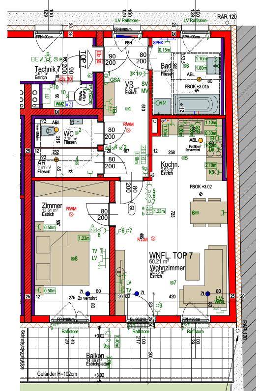 Detaillierter Grundriss von TOP 7 mit Wohnzimmer, Küche, Bad, WC und Balkon.