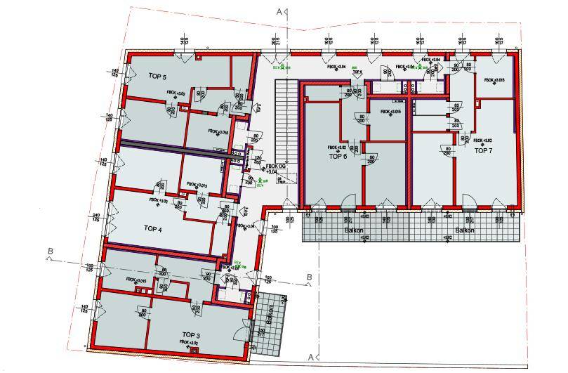 Grundriss einer Etage mit mehreren Wohneinheiten und zugehörigen Balkonen.