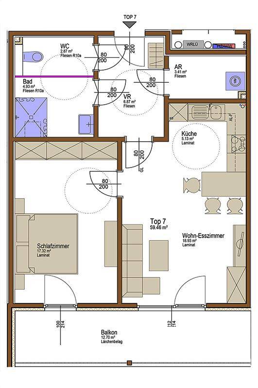 Grundriss der Wohnung Top 7 mit Schlafzimmer, Wohn-Esszimmer, Küche und Balkon.