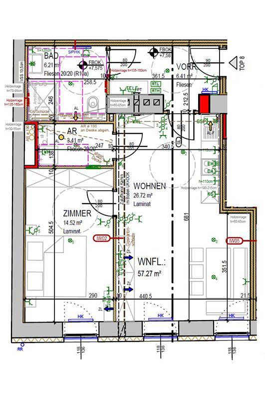 Detaillierter Grundriss einer Wohnung mit Wohnzimmer, Schlafzimmer, Bad und Vorraum.