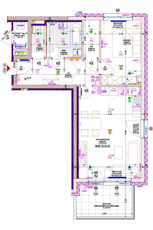 Detaillierter Grundriss einer Wohnung mit offener Wohnküche, Schlafzimmern und Balkon.