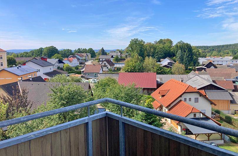 Weitblick vom Balkon über eine ländliche Siedlung mit vielen Dächern und grünen Bäumen.