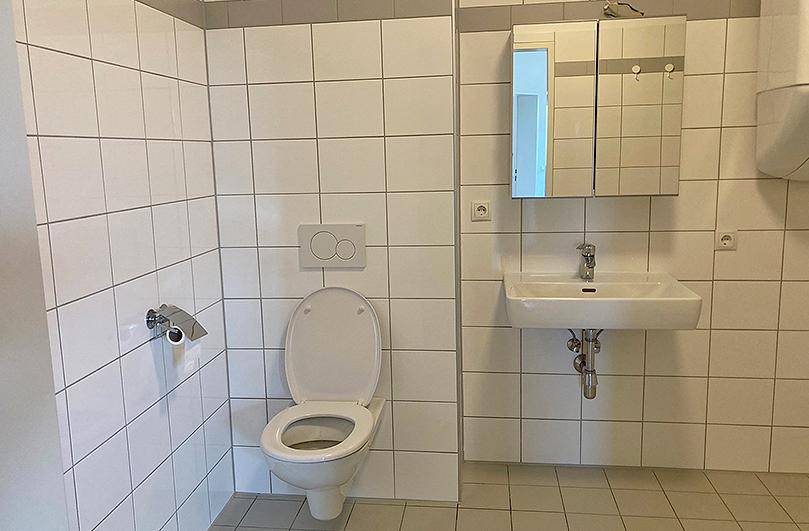 Modernes WC mit weißen Fliesen, wandhängender Toilette und einem Spiegelschrank über dem Waschbecken.