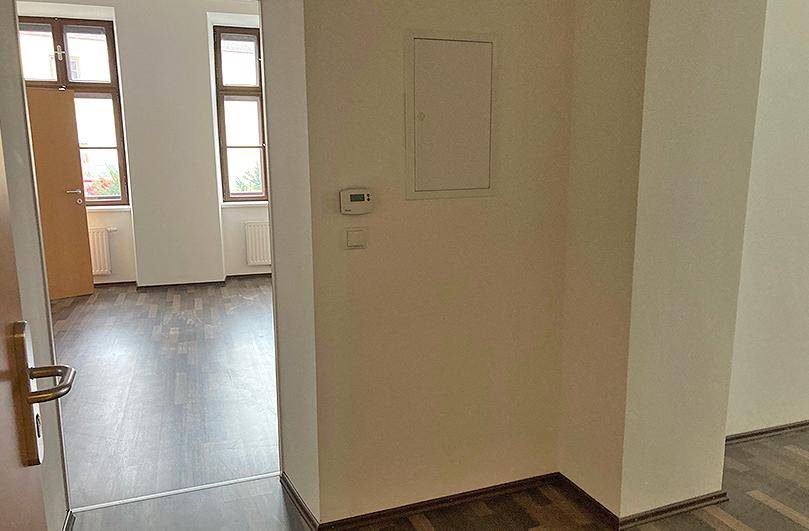 Eingangsbereich mit dunklem Laminatboden, weißen Wänden und Blick in angrenzende Räume.