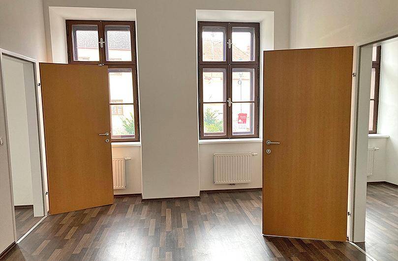 Geräumiger Raum mit dunklem Laminatboden, weißen Wänden und zwei geöffneten Holztüren.
