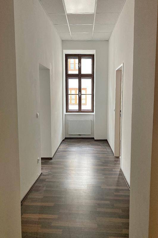 Langer, leerer Flur mit dunklem Laminatboden, weißen Wänden und einem Fenster am Ende.