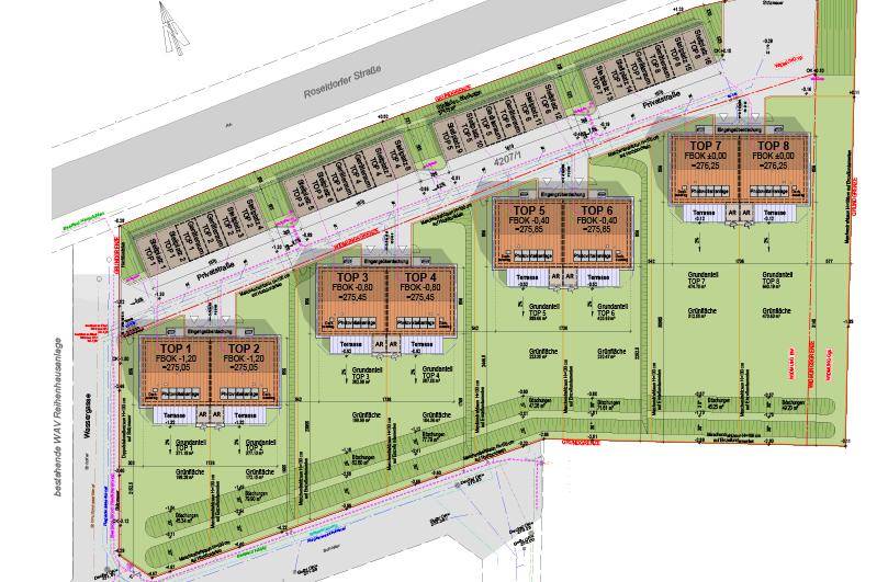 Übersichtsplan der Reihenhausanlage mit einzelnen Parzellen, Gärten und Zufahrtsstraßen.