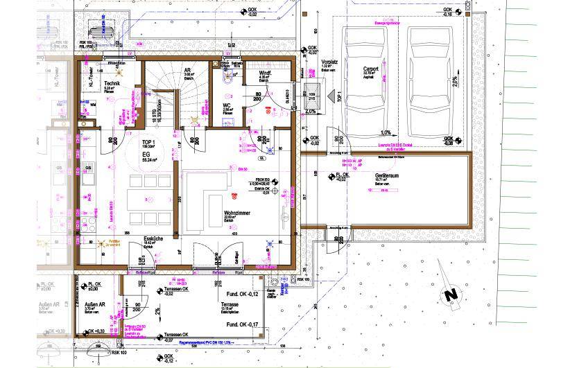 Grundriss des Erdgeschosses mit offenem Wohnbereich, Küche, Gäste-WC und Zugang zur Terrasse.
