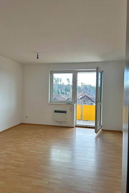 Wohnzimmer mit Laminatboden und direktem Zugang zu einem Balkon.