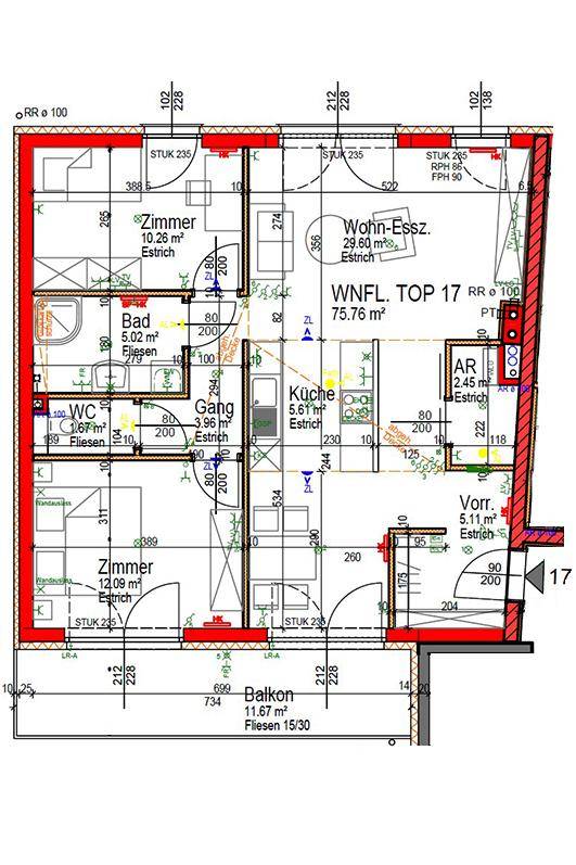 Grundriss der Wohnung Top 17 mit 75,76 m² Wohnfläche, offenem Wohn-Essbereich und Balkon.