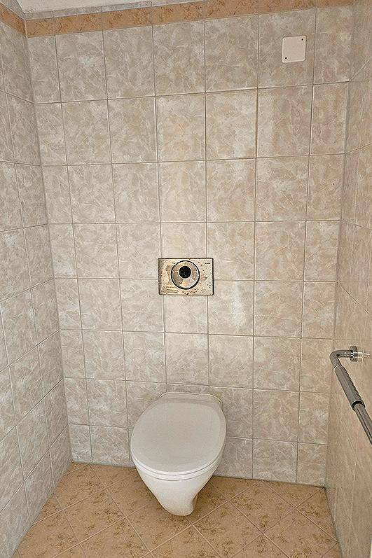 Separate Toilette mit Wand-WC und hellen Fliesen, ausgestattet mit Haltegriff für Komfort.
