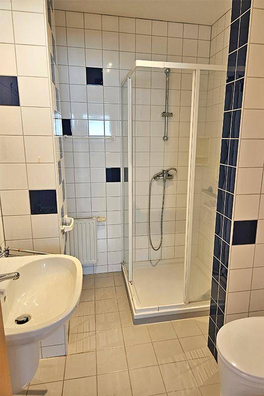 Badezimmer mit Duschkabine, Waschbecken und Toilette, dekoriert mit blauen Akzentfliesen.