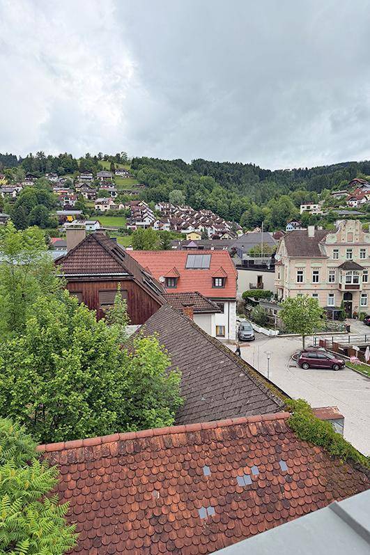 Malerischer Ausblick auf ein charmantes Dorf, eingebettet in sanfte grüne Hügel und Wälder.