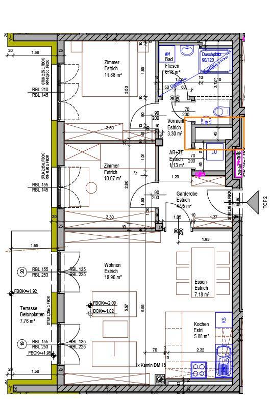Detaillierter Grundriss einer Wohnung mit drei Zimmern, Bad und Terrasse.