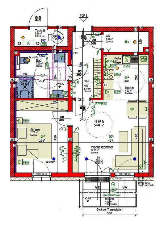 Detaillierter Grundriss der Wohnung TOP 5 mit Wohnzimmer, Schlafzimmer und Bad.