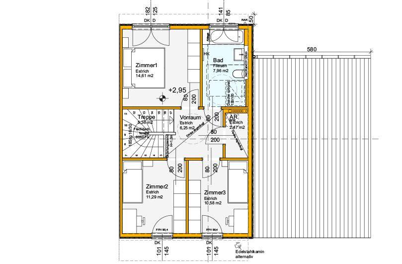 Grundriss des Obergeschosses mit drei Schlafzimmern, einem Badezimmer und Abstellraum.