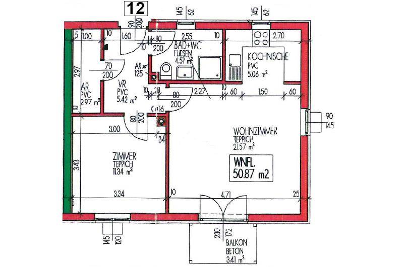 Grundriss einer Wohnung mit 50.87 m² Wohnfläche, separater Küche, Bad und Balkon.