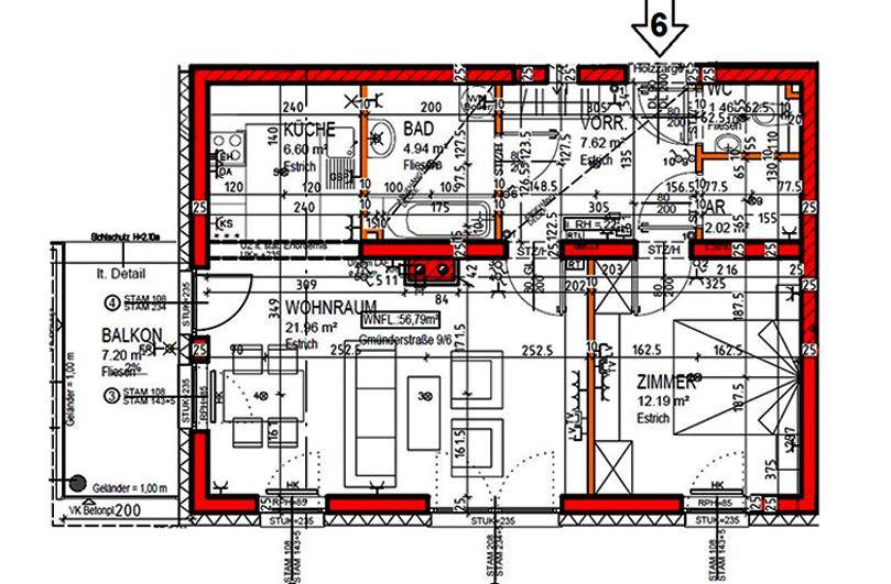 Grundriss der Wohnung mit Wohnzimmer, Küche, Bad und Balkon.
