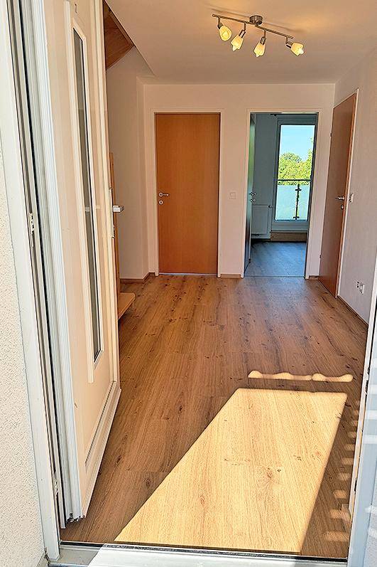 Heller Eingangsbereich mit Laminatboden und Zugang zu weiteren Räumen.