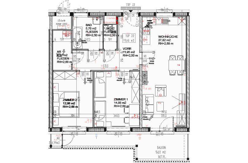 Grundriss einer Wohnung mit offener Wohnküche, zwei Zimmern, Bad und separatem WC.