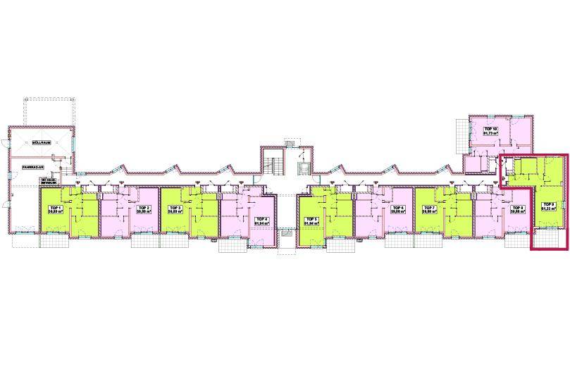 Grundriss einer Etage mit mehreren Wohneinheiten, die Balkone und Terrassen aufweisen.