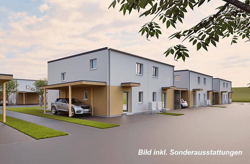 Reihenhäuser mit Carports und moderner Fassadengestaltung in einer Wohnsiedlung.