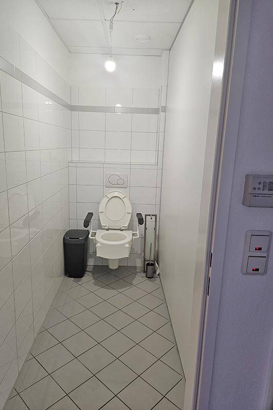 Kleines WC mit weißen Fliesen, wandhängender Toilette und Haltegriffen für Barrierefreiheit.