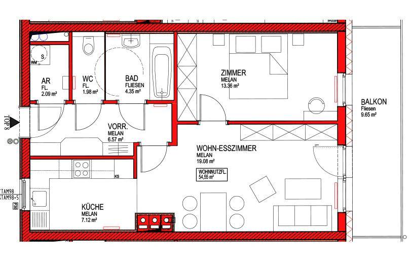 Grundriss der Wohnung zeigt ein Wohn-Esszimmer, Schlafzimmer, Küche, Bad, WC und einen Balkon.