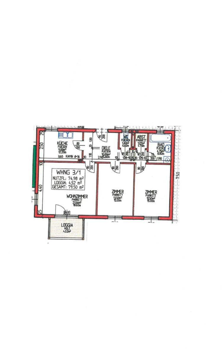 Grundriss einer Wohnung mit Wohnzimmer, zwei Zimmern, Küche, Bad und Loggia.