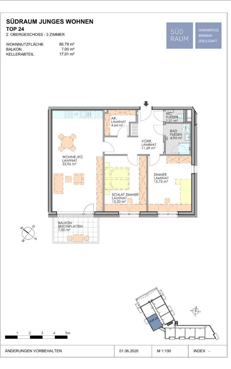 Grundriss einer 3-Zimmer-Wohnung mit offenem Wohn-/Küchenbereich, Balkon und separatem WC.