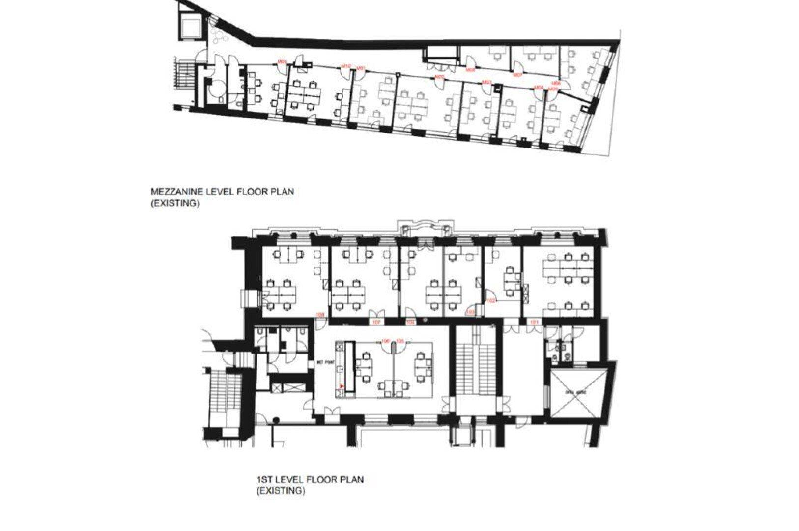 Grundrisse des Zwischengeschosses und des ersten Obergeschosses mit bestehender Büroeinteilung und Treppenhaus.