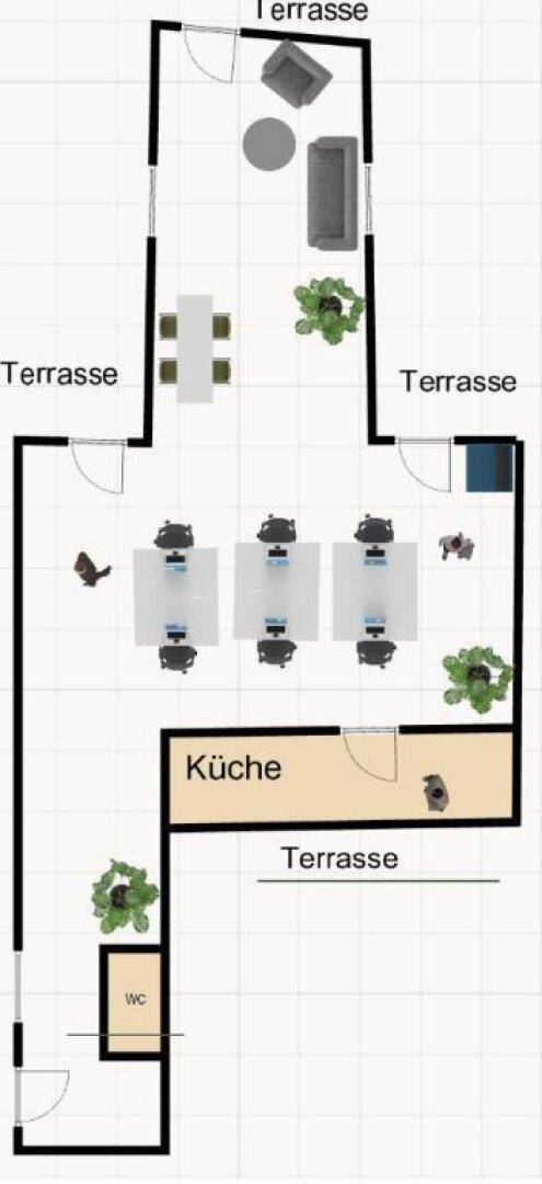 Grundriss mit Büroräumen, kleiner Küche, WC und mehreren zugänglichen Terrassenbereichen.