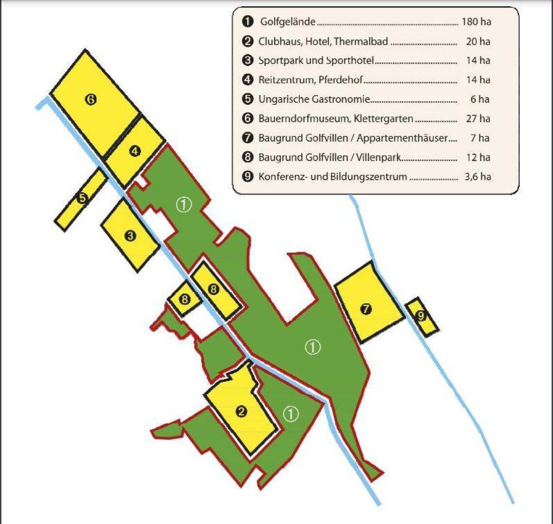 Lageplan mit Legende, der verschiedene Nutzungsbereiche wie Golfgelände, Hotel und Reitzentrum darstellt.