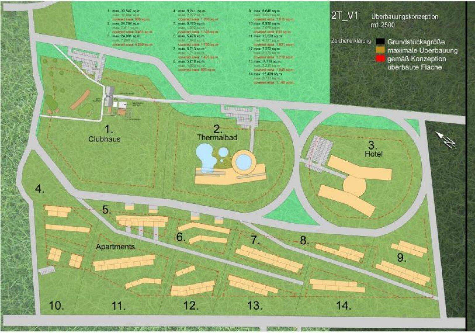 Detaillierter Bebauungsplan eines Areals mit Clubhouse, Thermalbad, Hotel und Apartmentgebäuden.