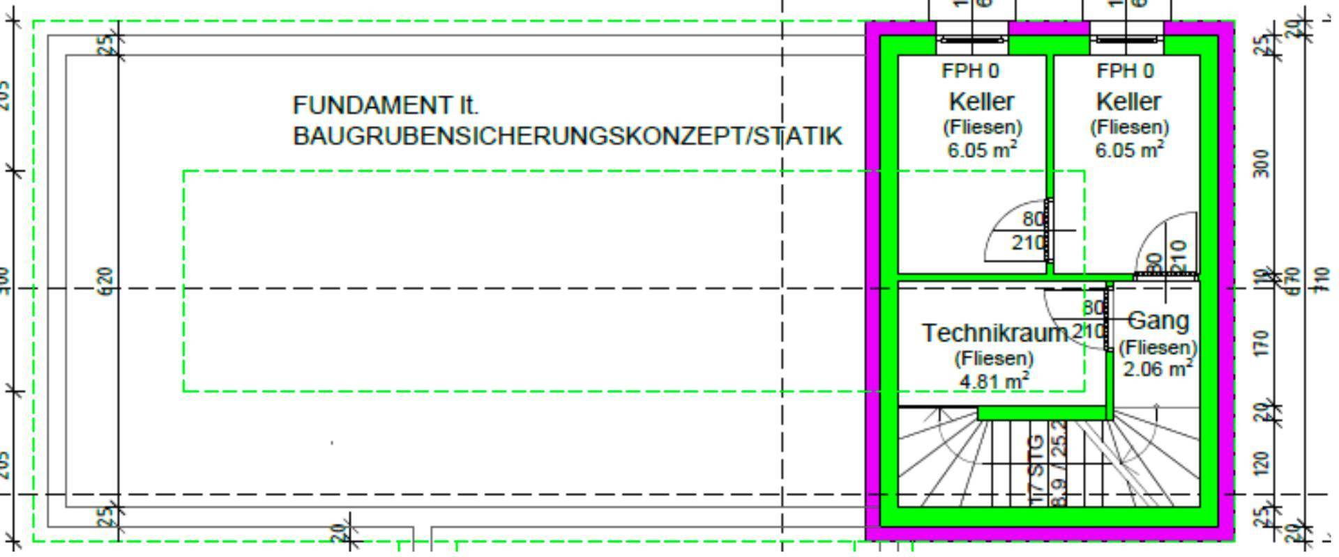 Grundriss des Kellergeschosses mit Abstellräumen und Technikraum für Haustechnik.