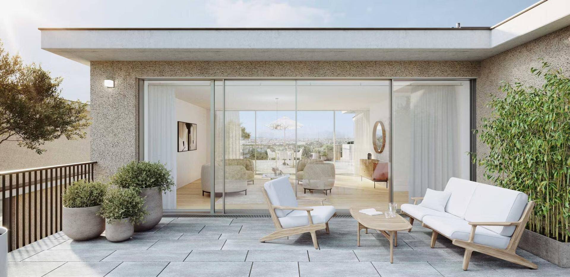 Weitläufige Dachterrasse mit modernen Gartenmöbeln und Panoramablick über die Stadt.