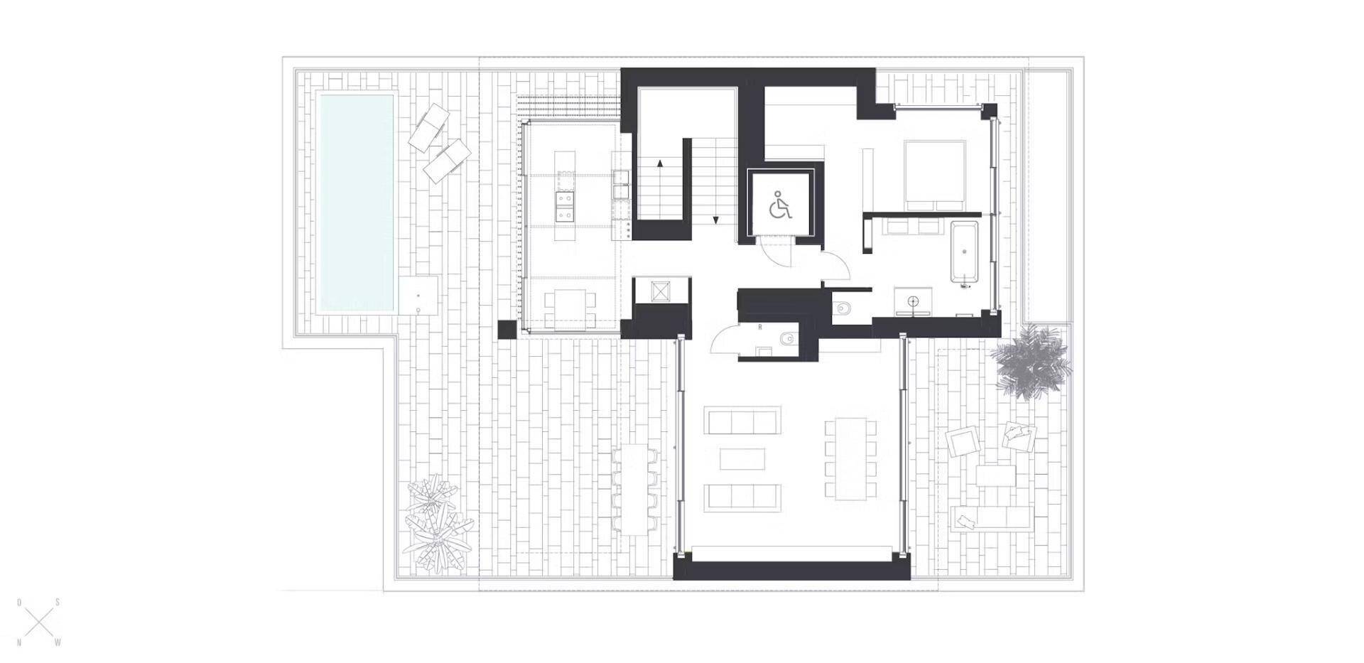 Grundriss des Erdgeschosses mit Wohnbereich, Küche, Pool und großzügiger Terrasse.