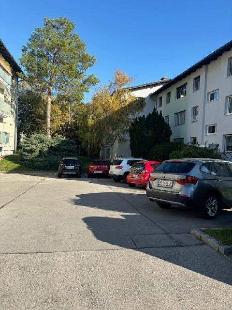 Parkplatz vor dem Mehrfamilienhaus mit mehreren abgestellten Autos und Bäumen.